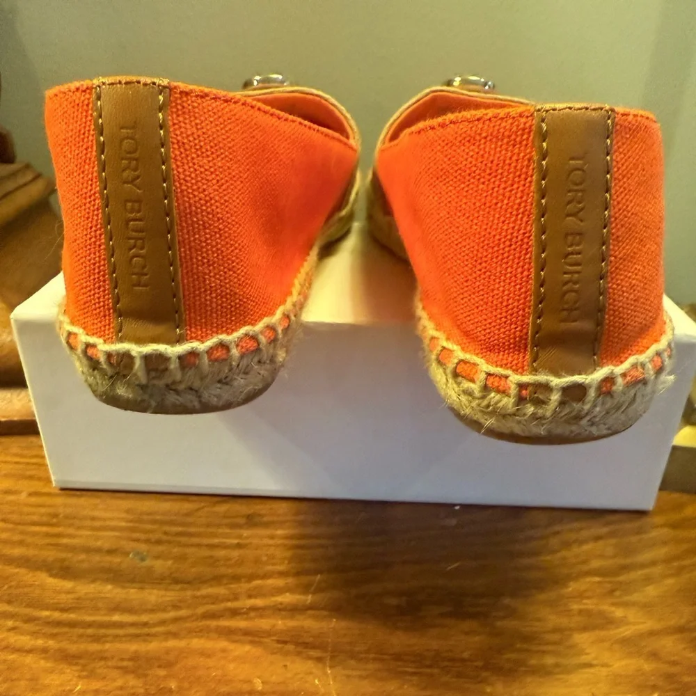 Tory Burch Beacher Orange Tan Gold Espadrilles Size 5.5
